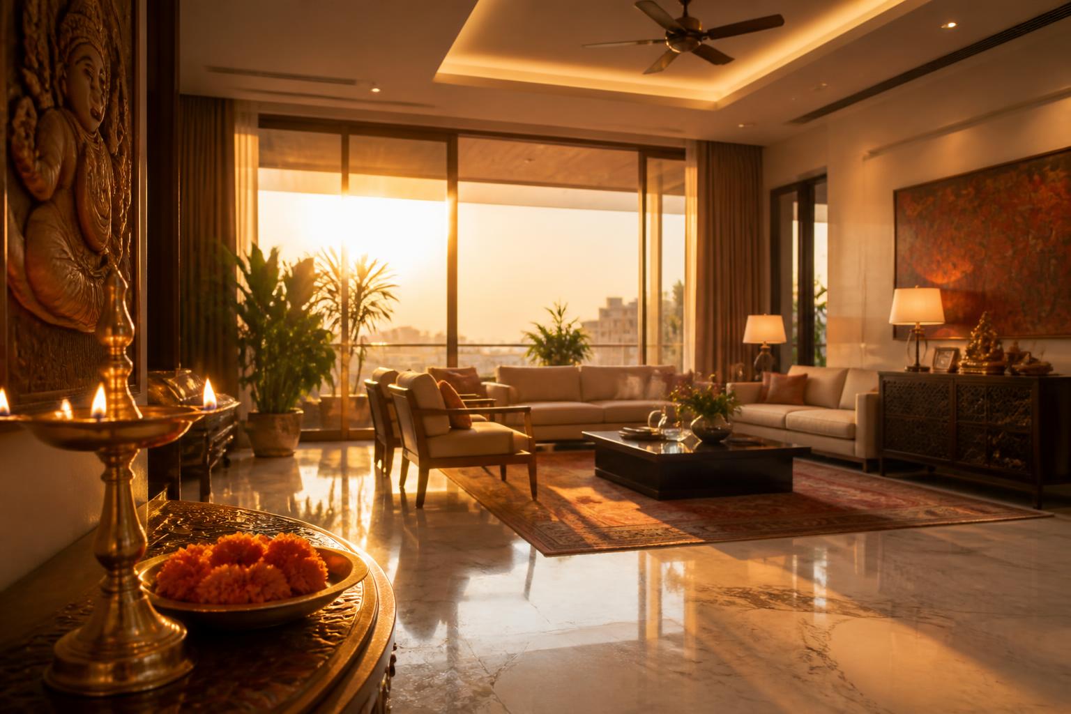 Sunlit luxury Indian living room arranged according to Vastu principles
