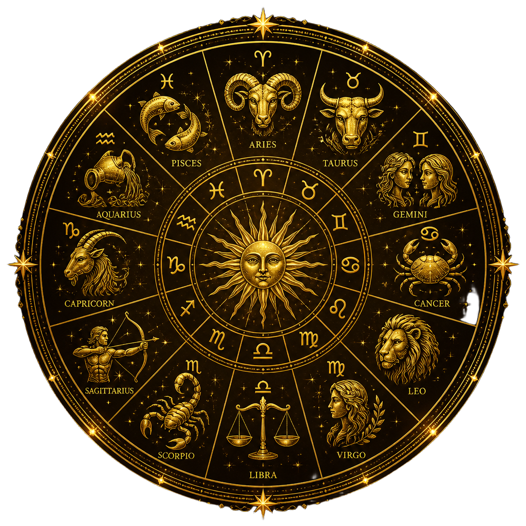 Golden zodiac wheel with the twelve astrological signs